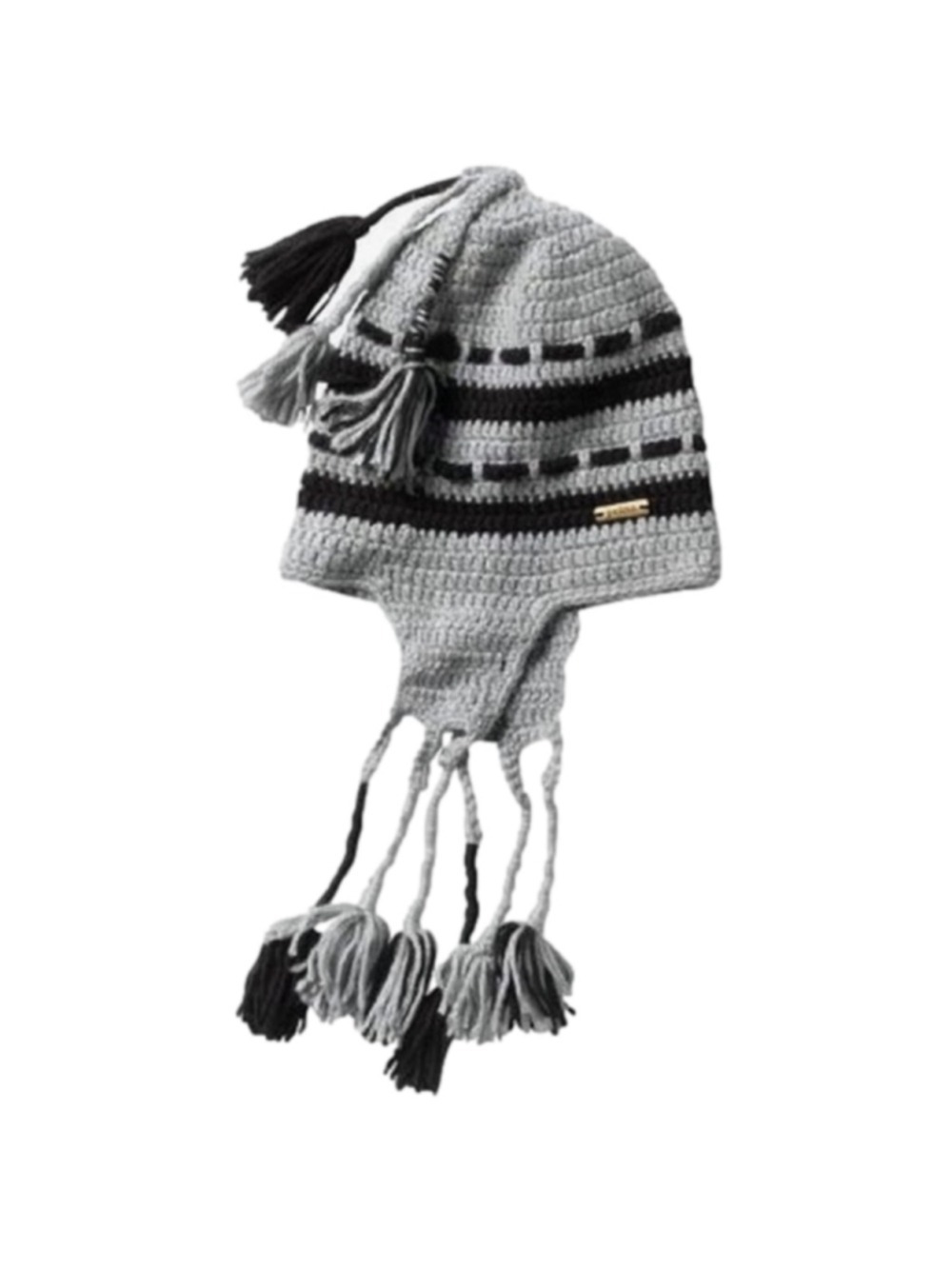 Prana Heart for Africa Tassel Beanie Gray and Black Striped Hand Knit Womens EUC
